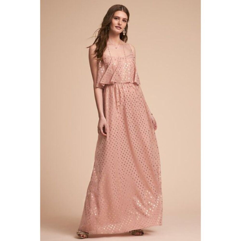 ANTHROPOLOGIE BHLDN Blush Pink Gold Metallic Dot Boho Paris Maxi Dress Small